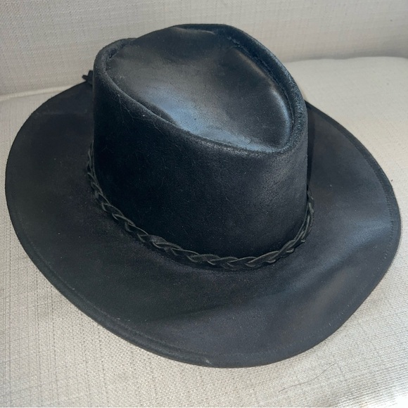 Black Leather Cowboy Hat Braided Band With Tassels Size Large Made In Mexico - Picture 2 of 6